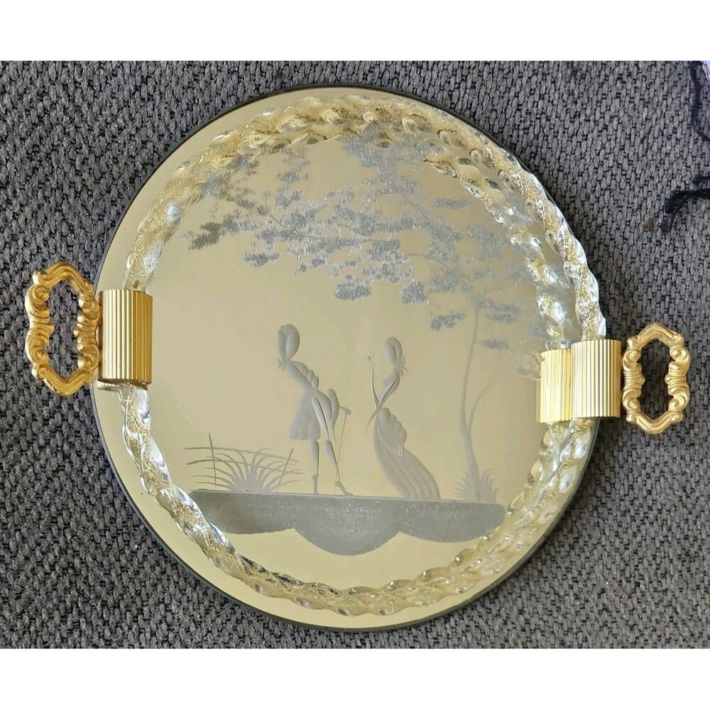Vtg Murano Glass Vanity Tray Aventurine Mirror Courting Scene Gold Handles Italy